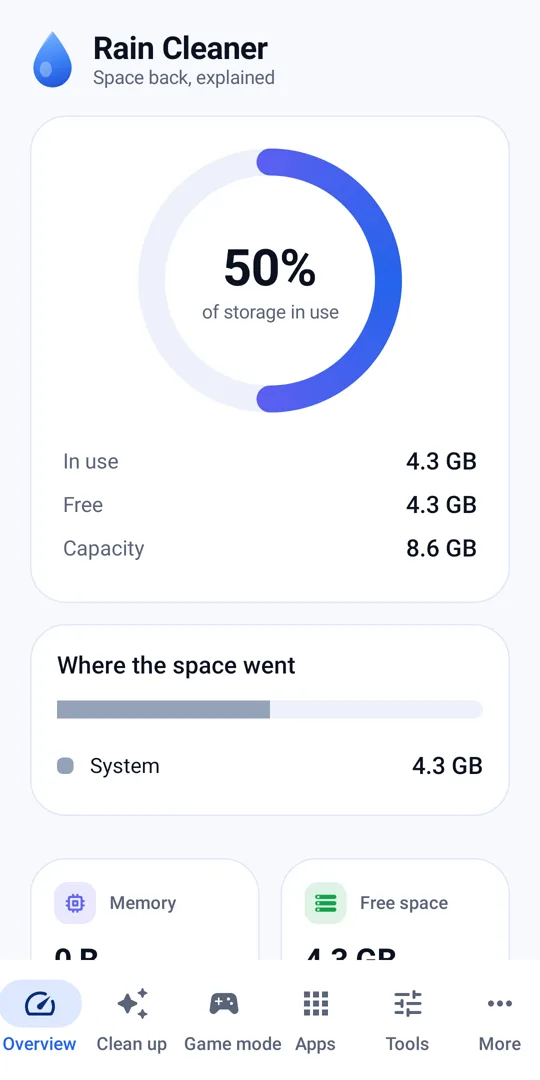 Rain Cleaner on Android: storage overview