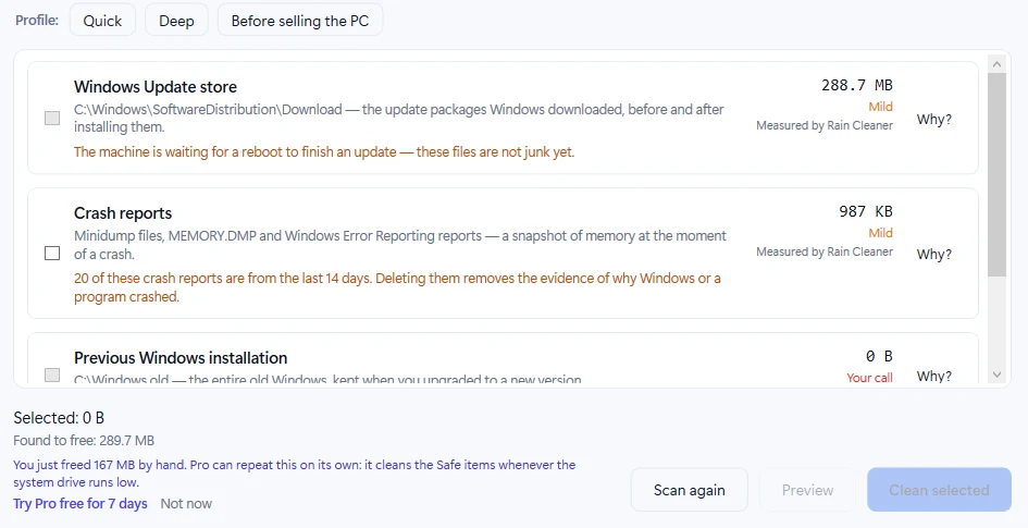 Rain Cleaner after cleaning: remaining items, a Windows Update store item that is blocked because a reboot is pending, and the freed size