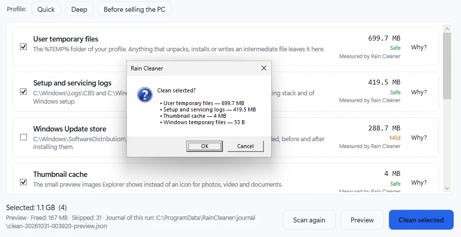 Rain Cleaner confirmation dialog listing every selected item with its size before cleaning