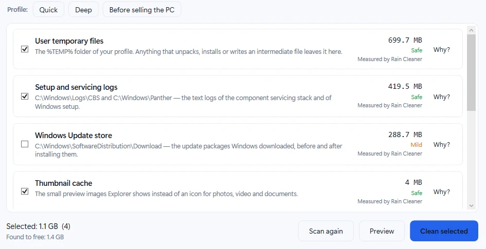 Rain Cleaner Clean page: profiles Quick, Deep, Before selling the PC, and a list of items with size, risk label and Why? button