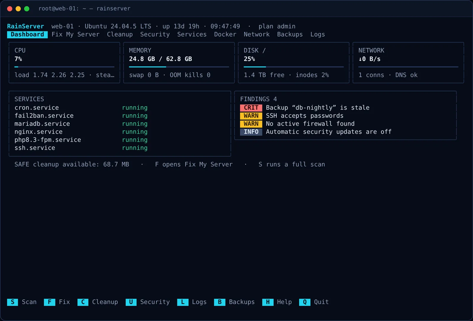 Терминальная панель — Работает через обычный SSH. Сначала клавиатура, рабочий стол не нужен.