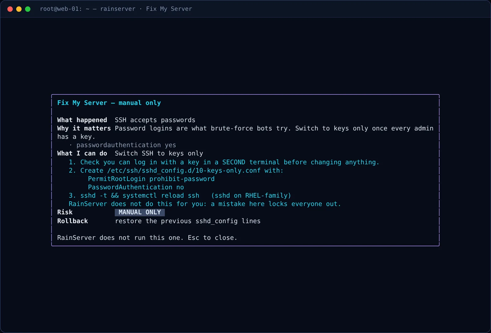Fix My Server в терминале — То же объяснение через SSH, с точными шагами для исправлений только вручную.