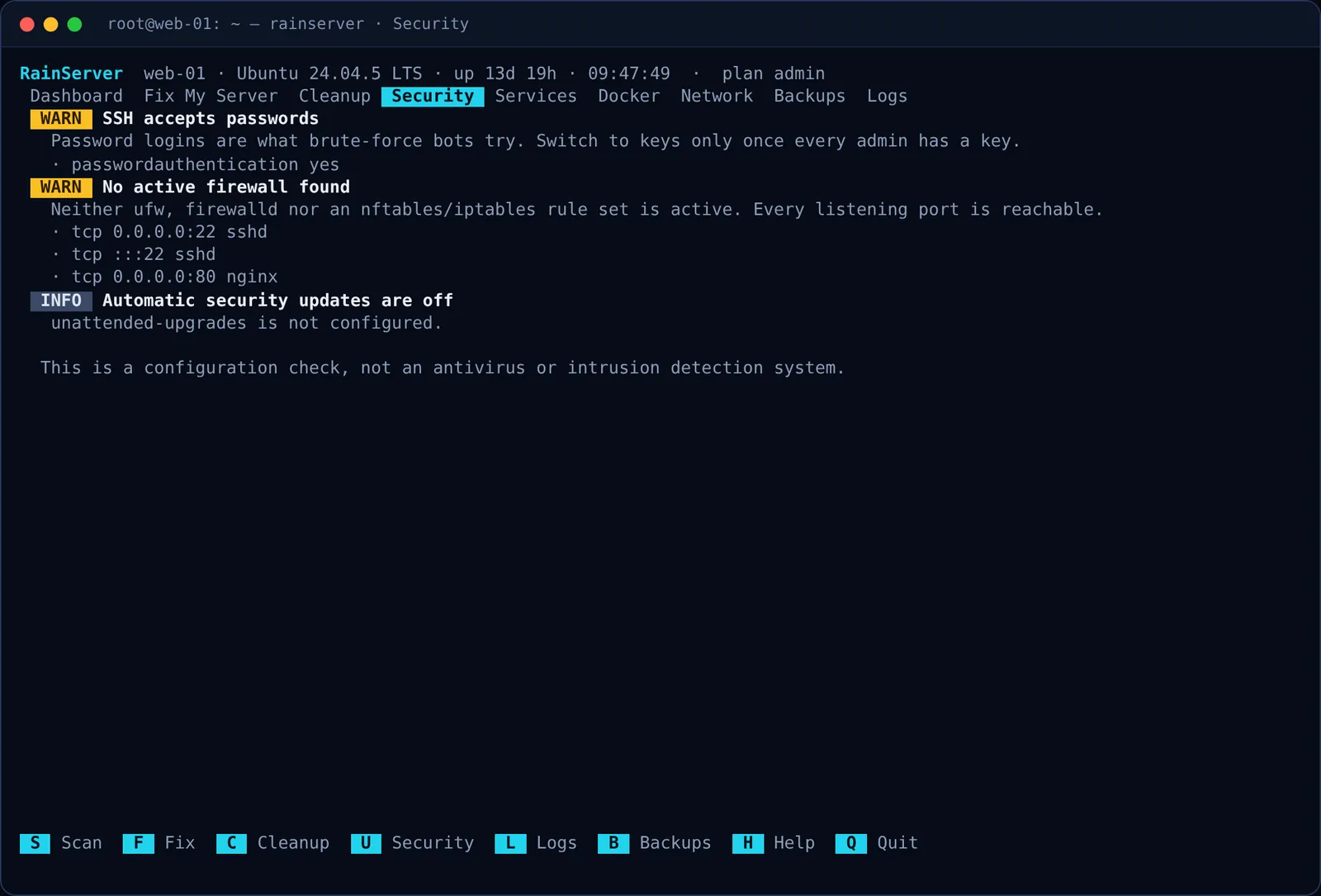 Проверка за сигурност — SSH, firewall, обновления и отворени портове — с доказателството за всеки резултат.