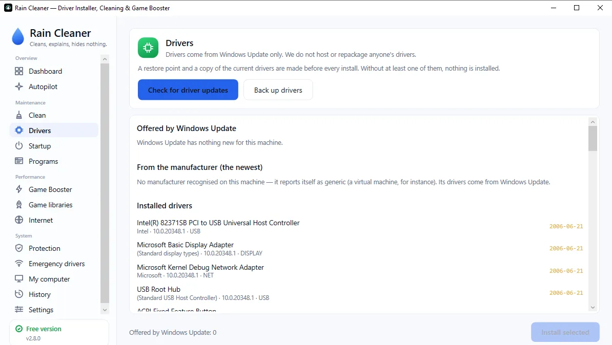 드라이버 — Windows Update가 제안하는 항목과 주의가 필요한 항목을 보여 줍니다. 설치 전에 복원 지점을 만듭니다.